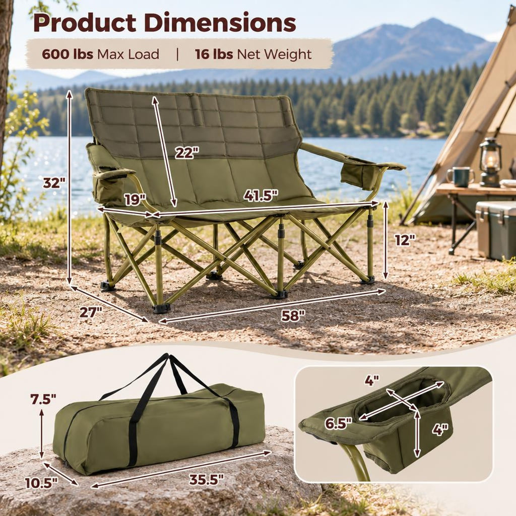 Airfind Oversized Camping Chair Folding Loveseat Camping Couch with Cup Holders Thick Padding, Capacity 660 lbs Capacity, Green