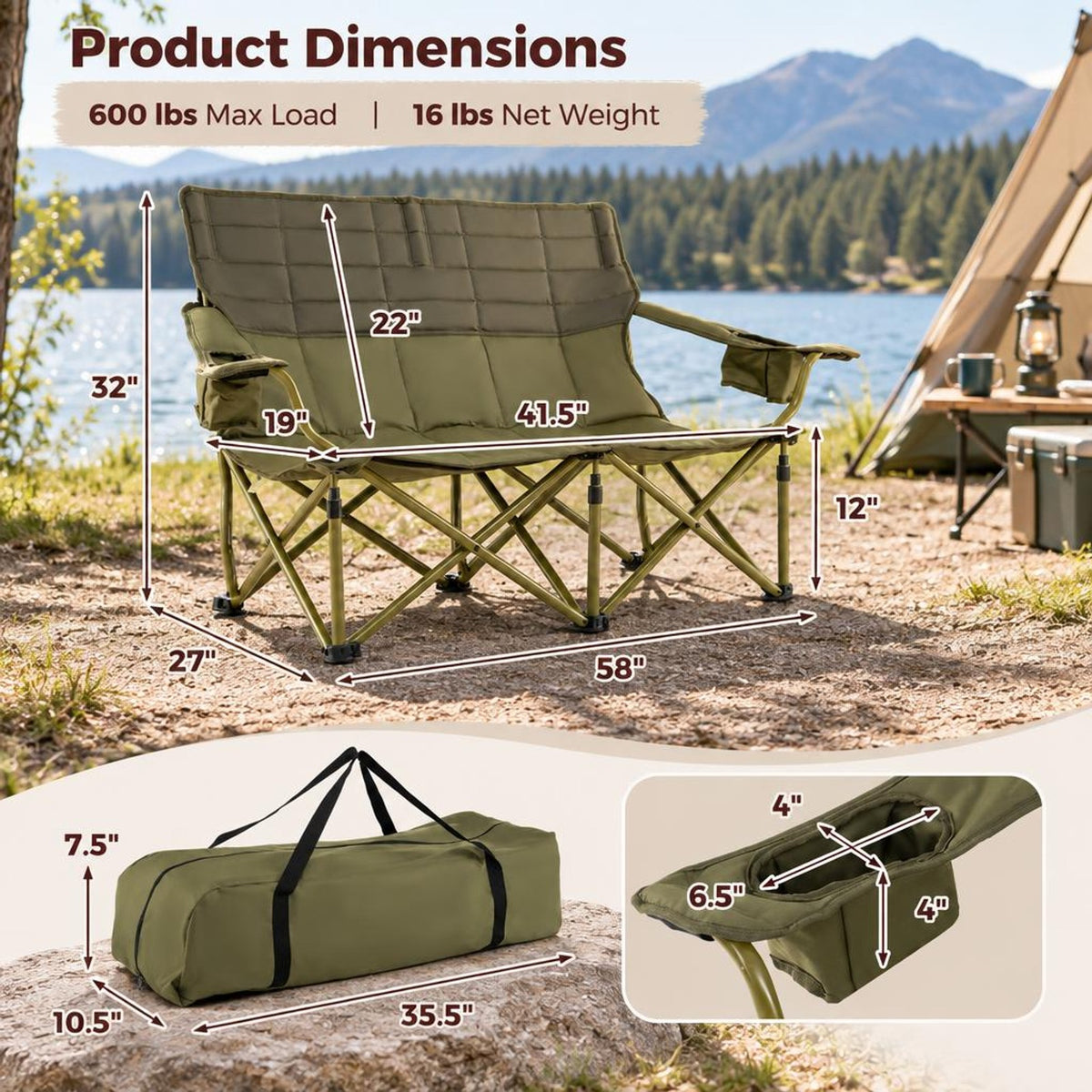 Airfind Oversized Camping Chair Folding Loveseat Camping Couch with Cup Holders Thick Padding, Capacity 660 lbs Capacity, Green