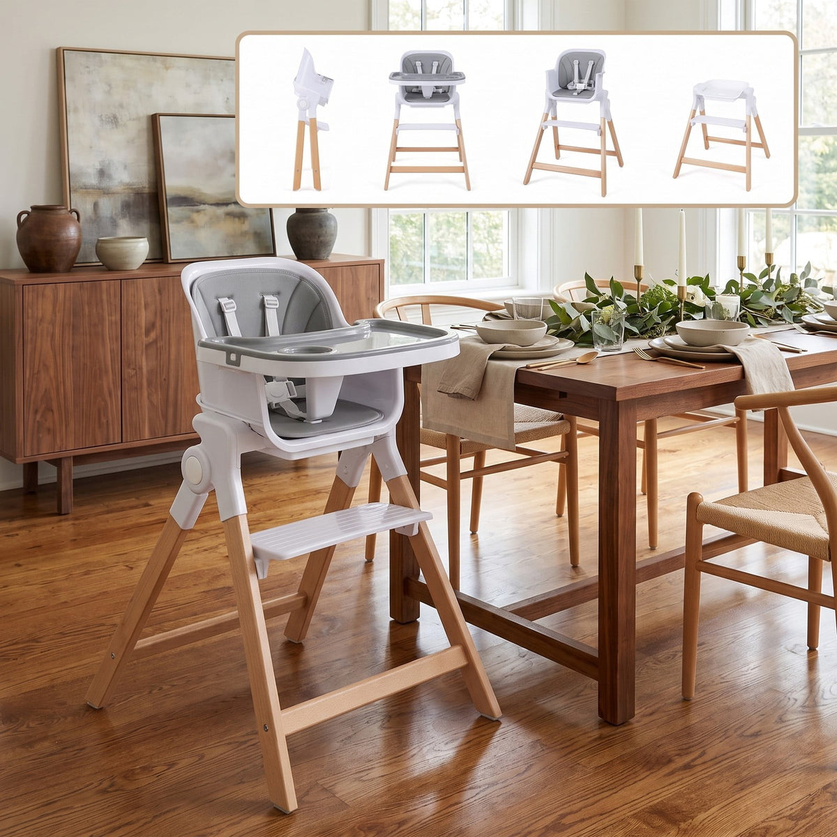 Airfind 4-in-1 Convertible Baby High Chair with Detachable Adjustable Tray, Beech Wood Legs