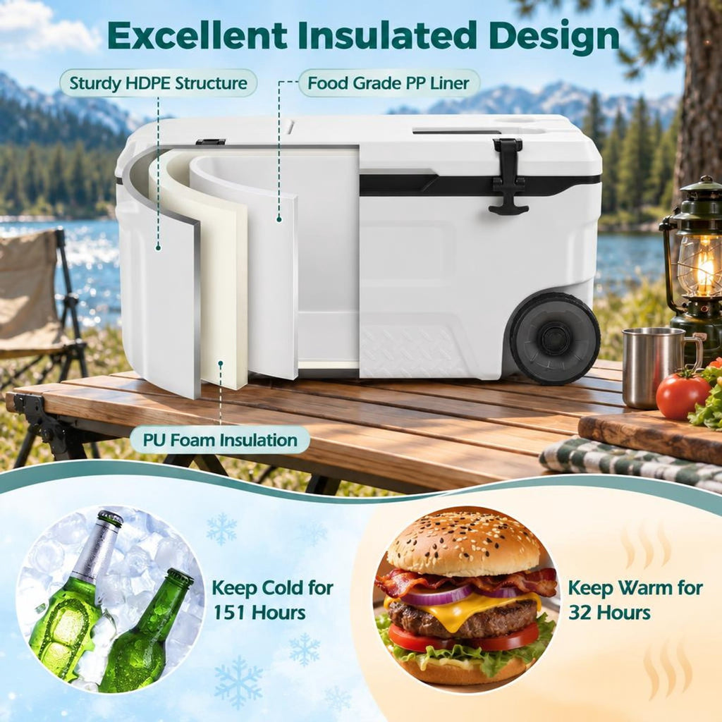Airfind 53 Quart Portable Rolling Cooler with Fish Ruler for Outdoor, PP PU HDPE TPE Frame, 29.5 x 16 x 16 Footprint, White