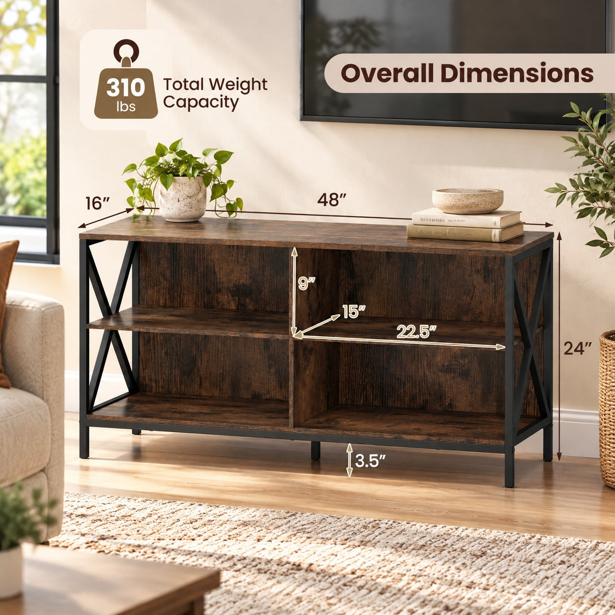 Airfind Wooden TV Stand Entertainment for TVs up to 55 Inch with X-Shaped Frame, 310 lbs Capacity, Engineered Wood MDF Metal Frame, Brown