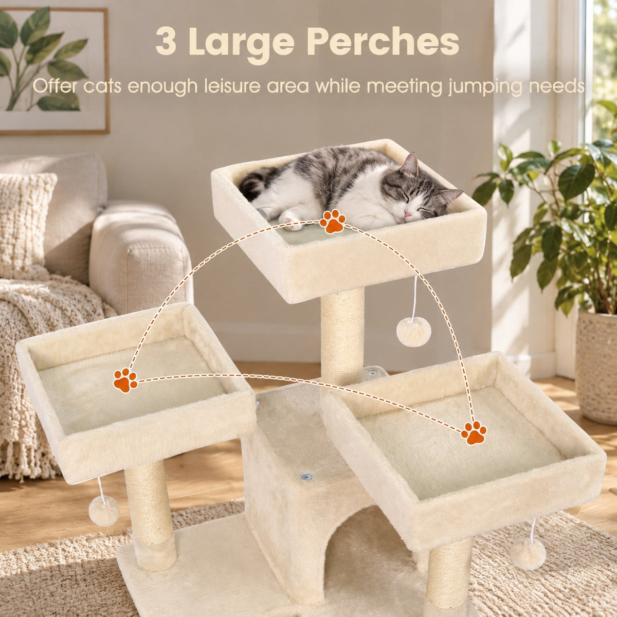 Airfind 65 Inch Tall Multi-level Cat Tree with 3 Upholstered Perch and 2 Cat Condos, Fabric Sisal Engineered Wood Overall Height 65 Inch Base Frame