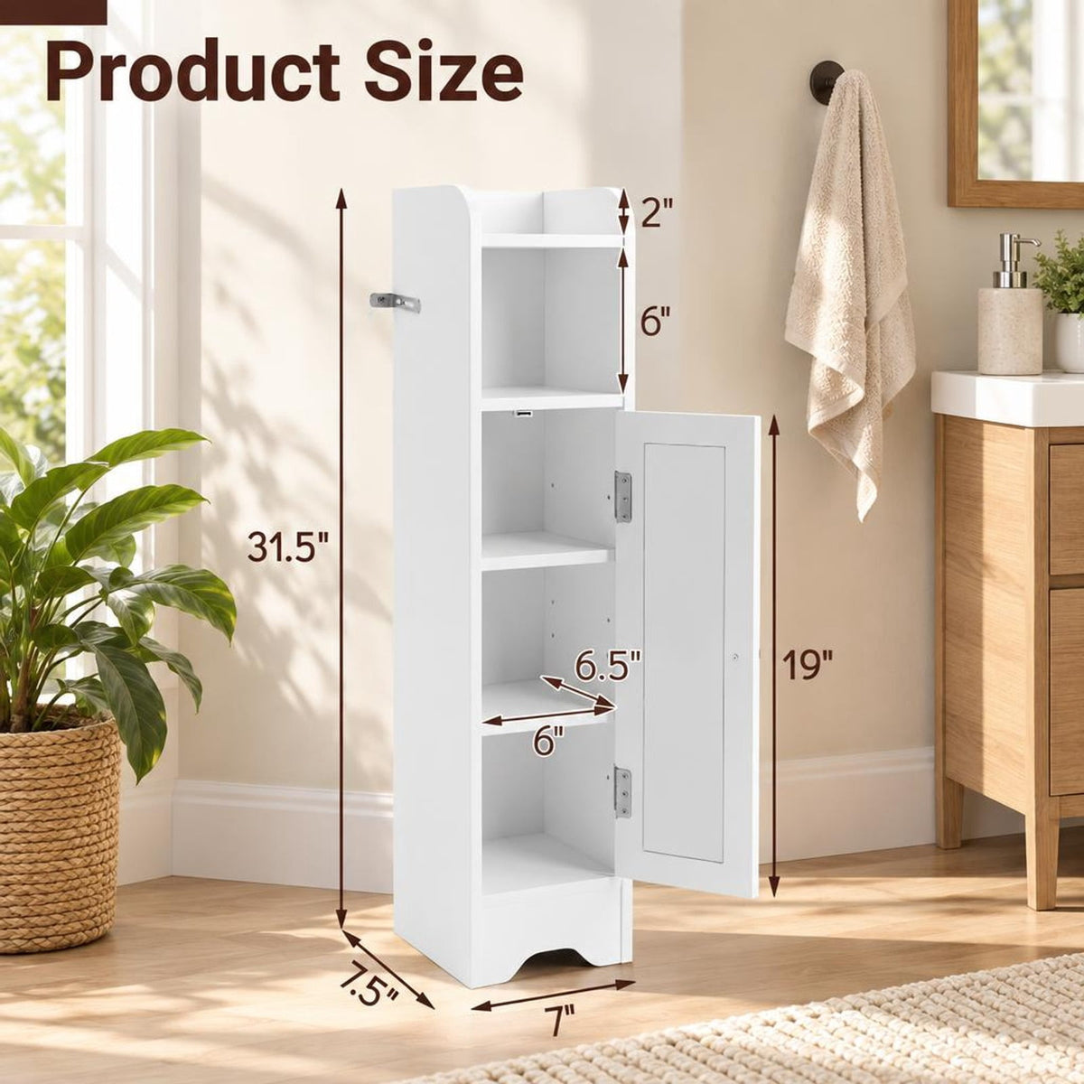 Airfind Slim Bathroom Cabinet Corner with 1 Door and Adjustable Shelves, 22 lbs Capacity, Engineered Wood Frame, 7.5in x 7in x 31.5in Footprint, White