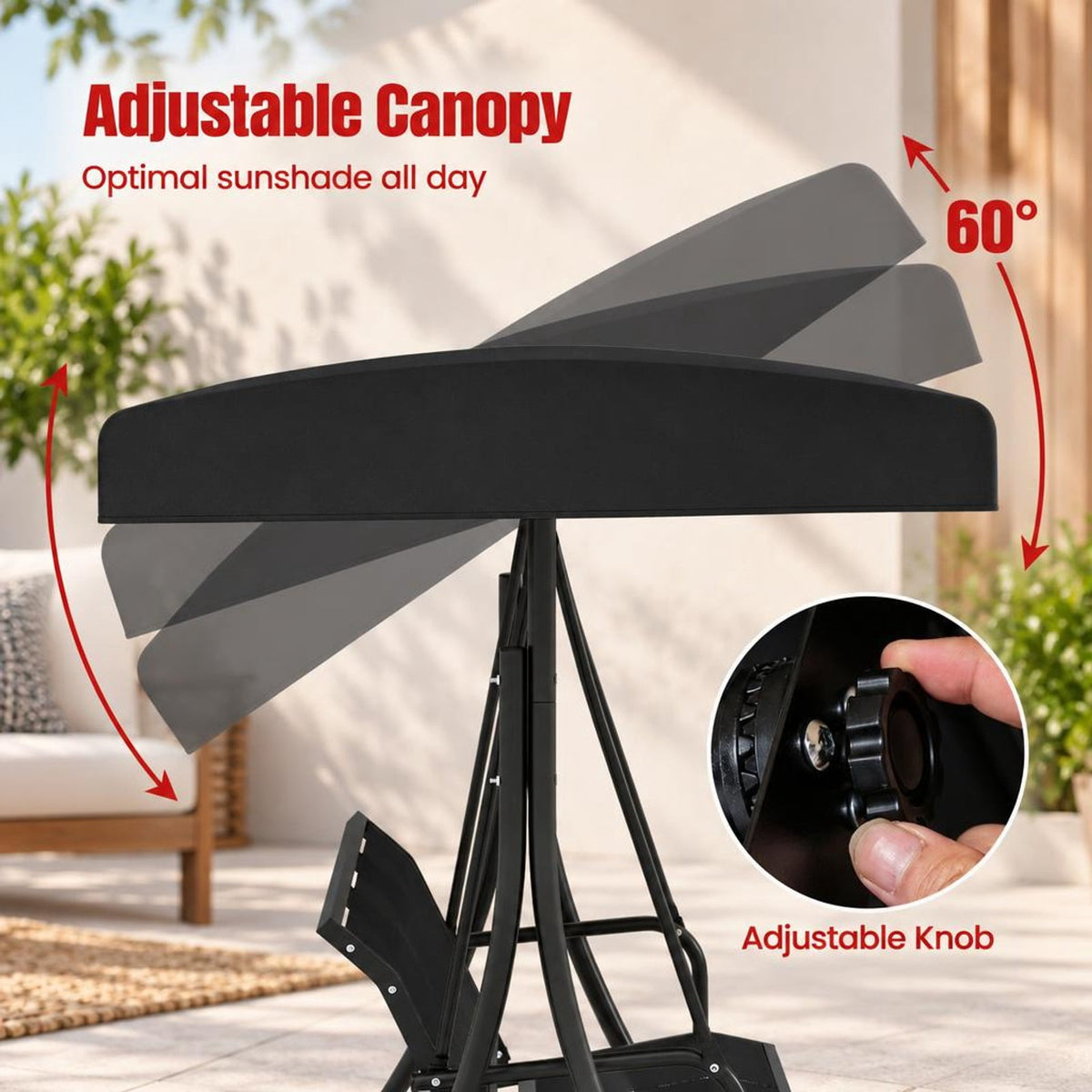 Airfind 3-Seat Patio Swing Chair with Adjustable Canopy, 800 lbs Capacity, Metal Frame, 75 Inch x 48 Inch x 67 Inch Footprint, Black