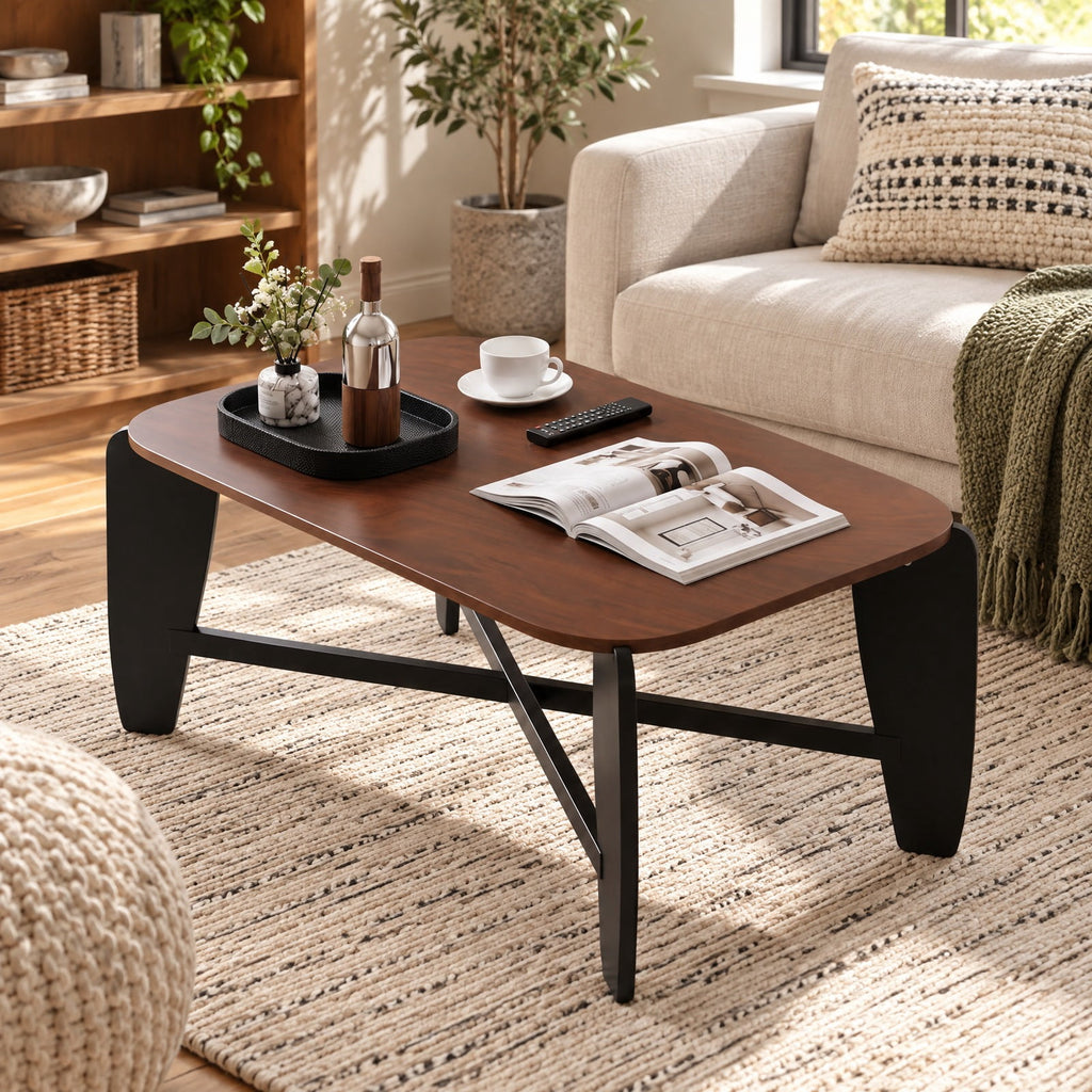 Airfind Modern Coffee Table with Rubber Wood Cross-Leg Base Rectangular Center Table, Walnut, Dimensions 35.5 x 22 x 15Ground Clear