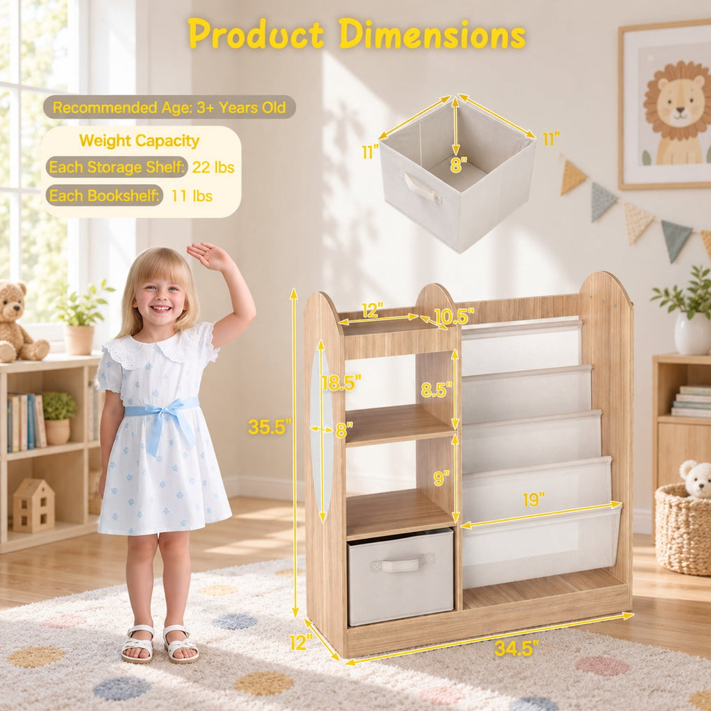 Airfind Toy Storage Organizer with 4-Tier Sling Shelves, 22 lbs Capacity, MDF Pine Wood Fabric Frame for Everyday Use, Natural