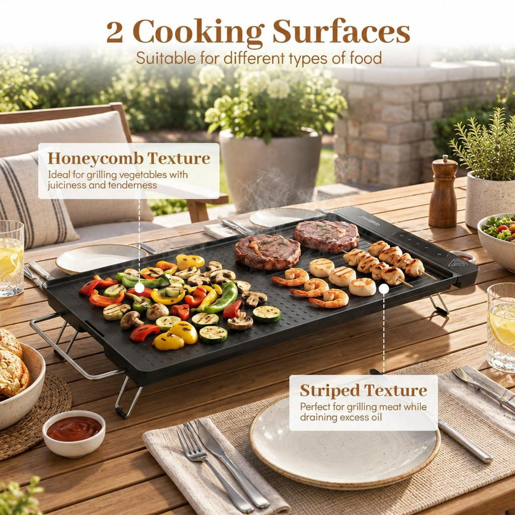 Airfind 1300W Indoor Electric Grill featuring Removable Touch Panel, Die Cast Aluminum Stainless Steel Frame, 23.5 Inch x 11.02 Inch x 2.95 Inch Footprint, Black