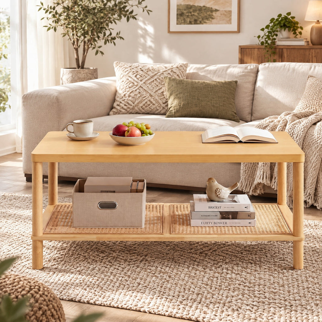 Airfind 2-Tier Boho Coffee Table for Living Room Rectangular Center Table with Rubber Wood Frame and PVC Rattan Storage Shelf, 185 lbs Capacity