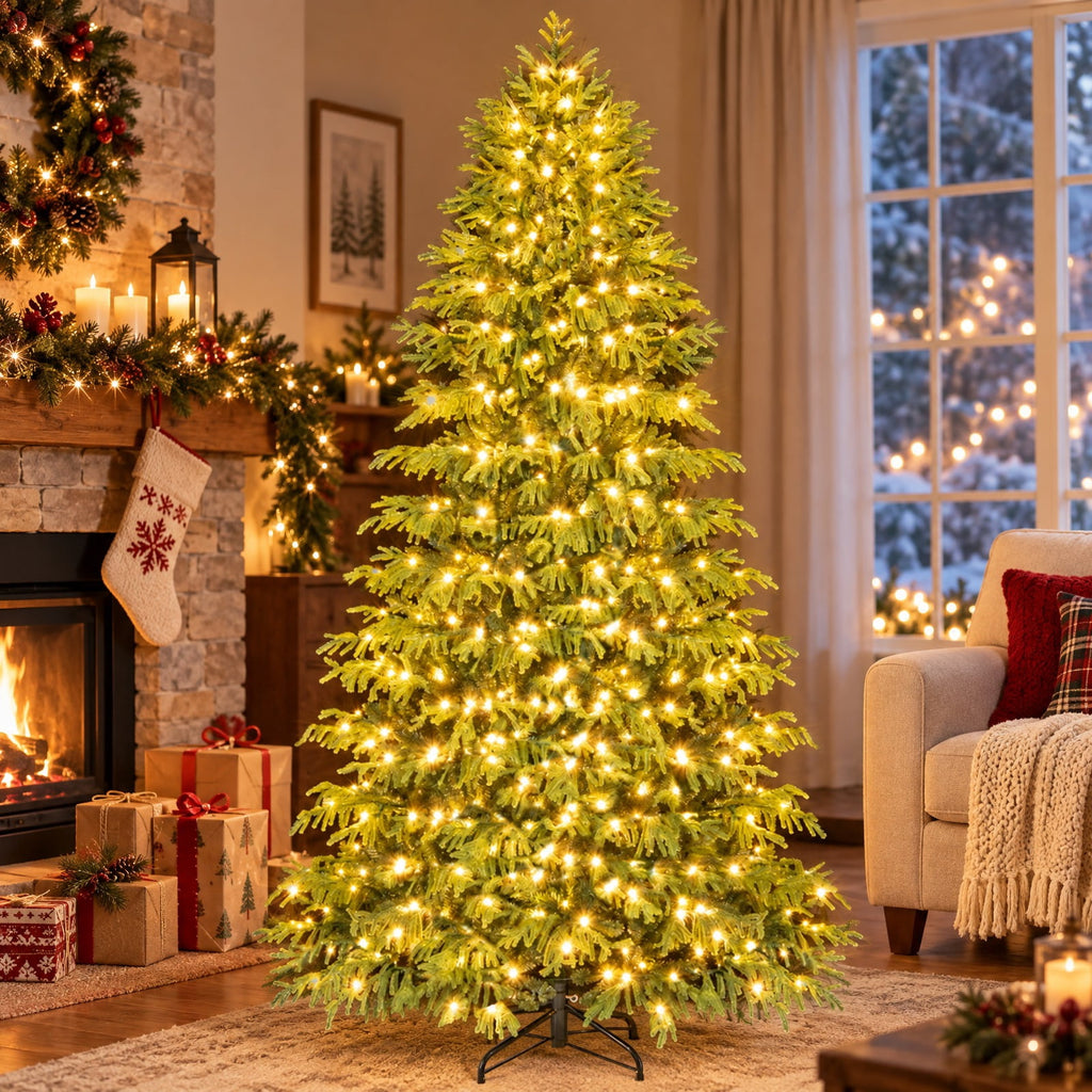 Airfind Artificial Christmas Tree with LED Lights and PVC Mixed Branch Tips-8 Feet, Green, Diameter of Stand 18 Inch /18 Inch /24 Inch