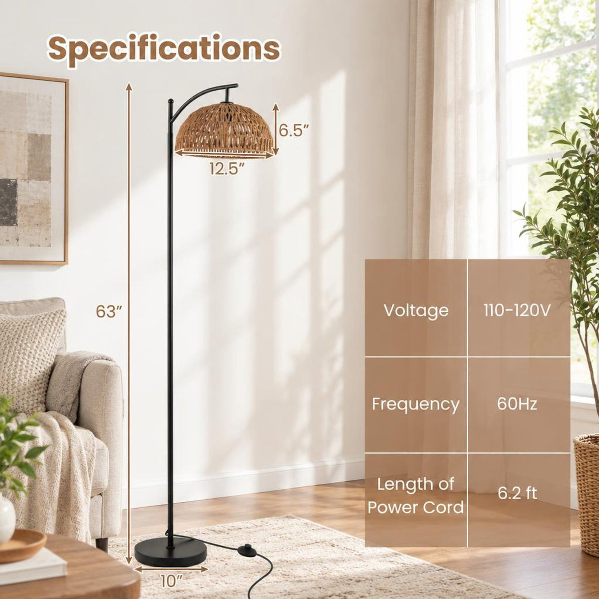 Airfind Arc Floor Lamp 63 Inches Tall Pole Lamp with Hanging Lampshade, Metal Paper Rope Frame, 10 Inch × 63 Inch Footprint, Black