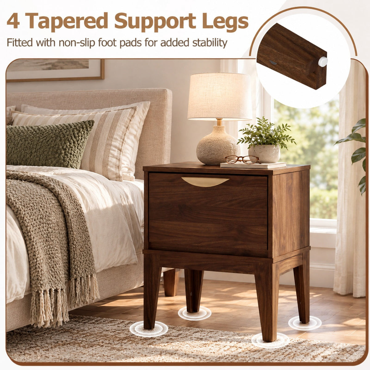 Airfind Mid Century Modern Bedside Table with Drawer and Tapered Support Feet for Bedroom, 45 lbs Capacity, Engineered Wood MDF Metal Frame, Walnut