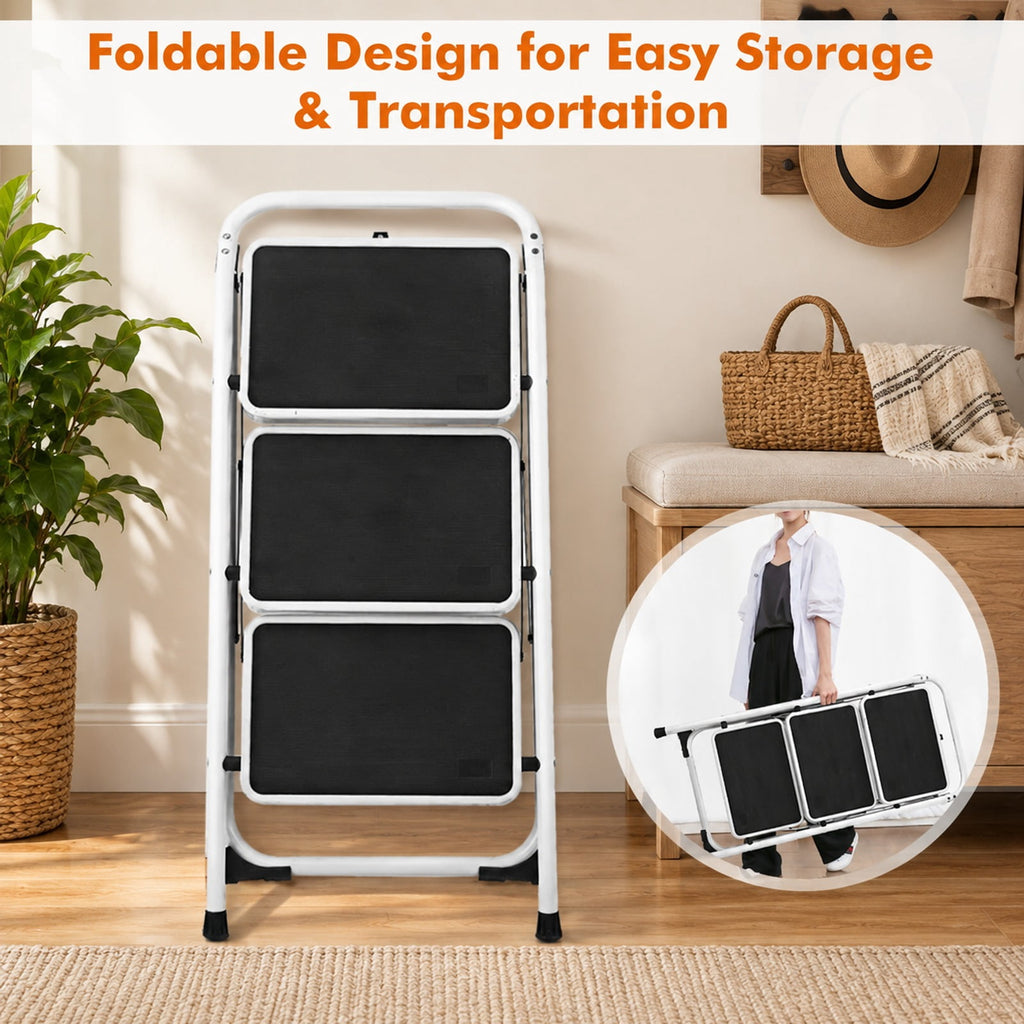 Airfind Folding 3-Step Ladder with Handgrip and Anti, 330 lbs Capacity, Iron Frame, 19.5 Inch x 26 Inch x 36.5 Inch Footprint, Black white
