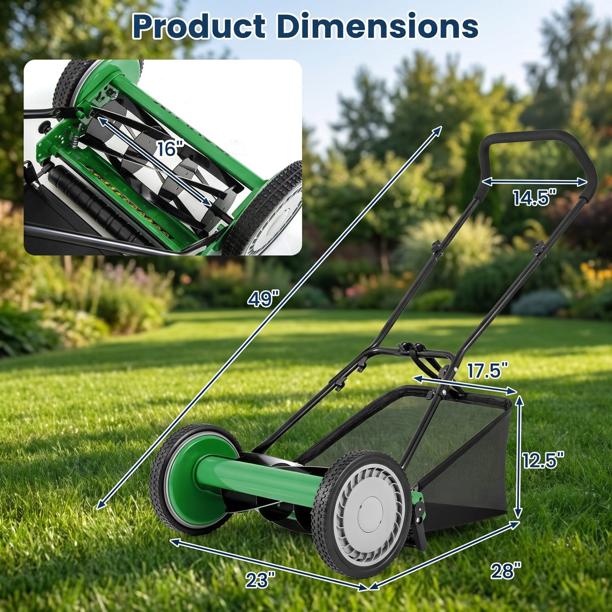 Airfind 16 Inch Push Lawn Mower with 5 Steel Blades and Grass Catcher Bag, Manganese Steel Metal PVC PP Frame, Green