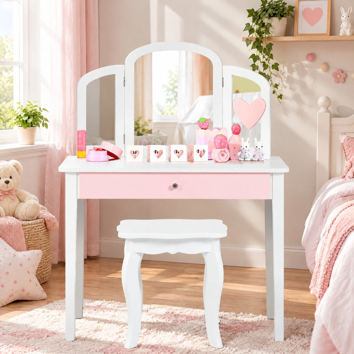 Airfind Kids Princess Make Up Dressing Table with Tri-folding Mirror and Chair, 33 lbs Capacity, MDF Frame, 27.5 x 13.5 x 37.5 Footprint, White
