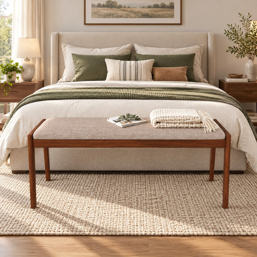 Airfind 45 Inch Farmhouse Backless Bench with Rubber Wood Legs and Fabric Padded Seat, 400 lbs Capacity, 45 x 17 x 19 Footprint, Beige