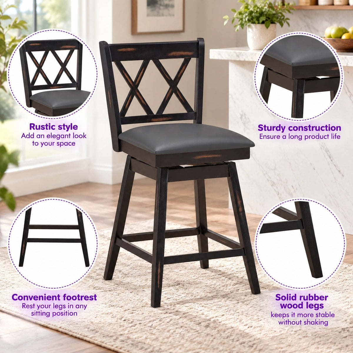 Airfind 2 Pieces 24 Inch Swivel Counter Height Barstool Set with Rubber Wood Legs, 264 lbs Capacity, PVC High density sponge rubber wood Frame