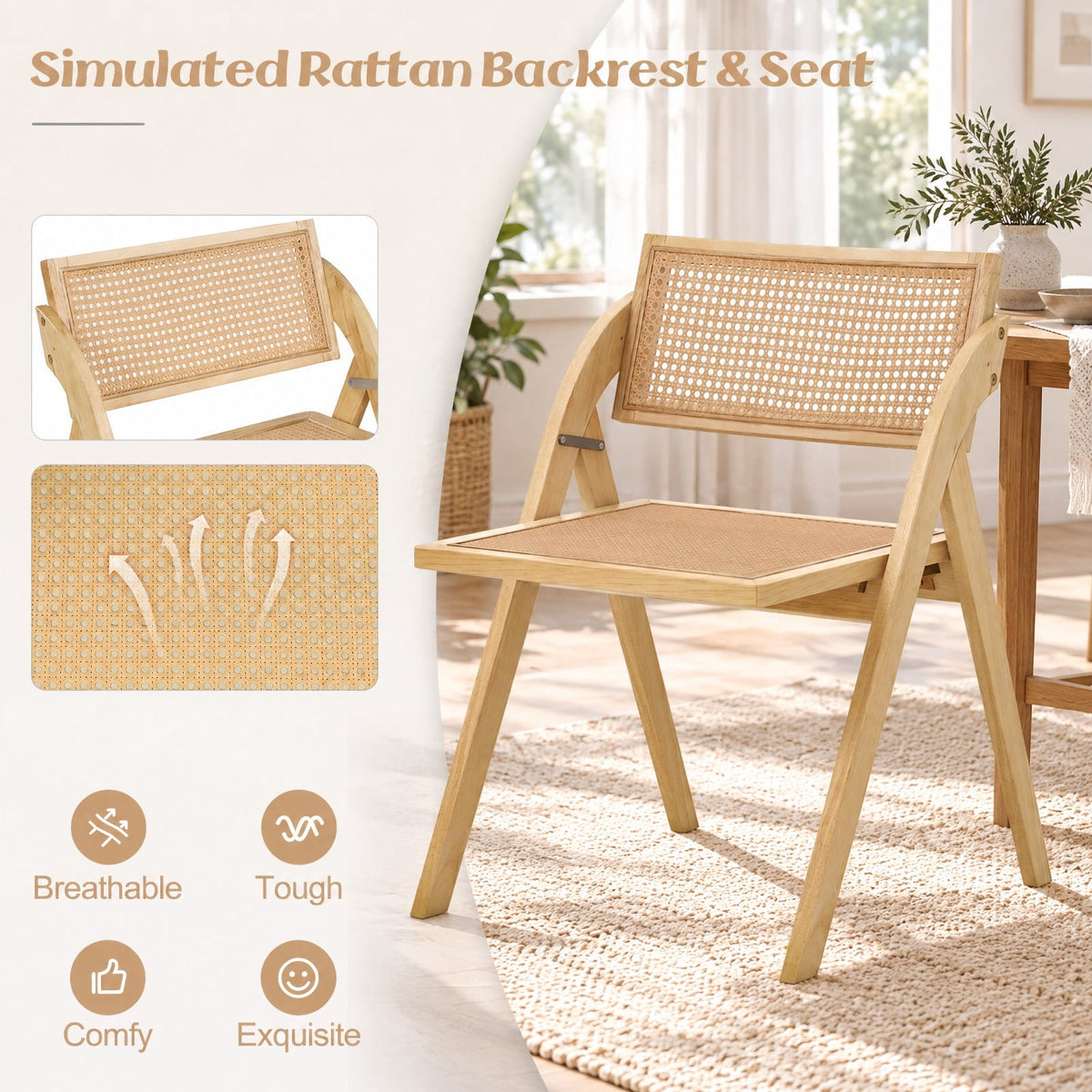 Airfind Foldable Dining Chairs Set of 2 with Woven Rattan Backrest, 400 lbs Capacity, Rubber Wood Plywood Plastic Frame, 23 Inch x 21 Inch x 29.5 Inch Footprint