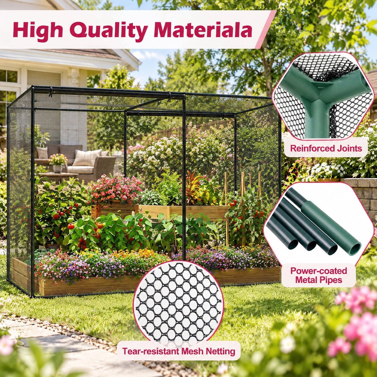 AIRFIND Garden Plant Cage 10 x 6.5 x 6.5 ft, Walk-In Crop Protection Enclosure with Mesh Netting, Zippered Roll-Up Doors and Carry Bag, Black
