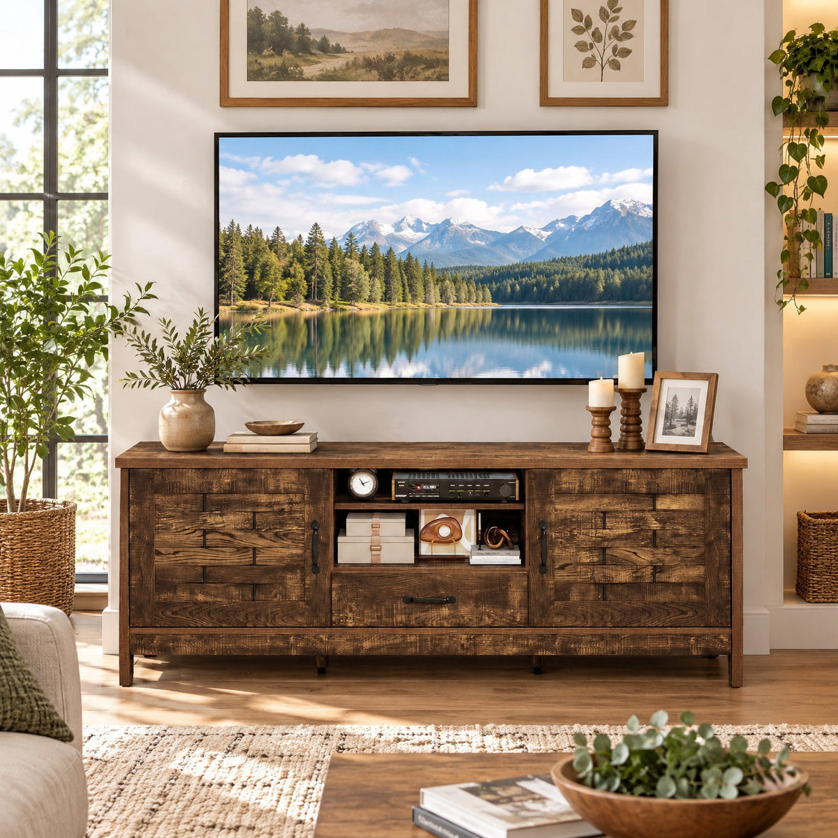 Airfind TV Stand, Farmhouse, for 65 Inch TVs with 2 Woven Accent Doors and 3 Adjustable Shelves, 110 lbs Capacity, Engineered Wood MDF Frame, Brown