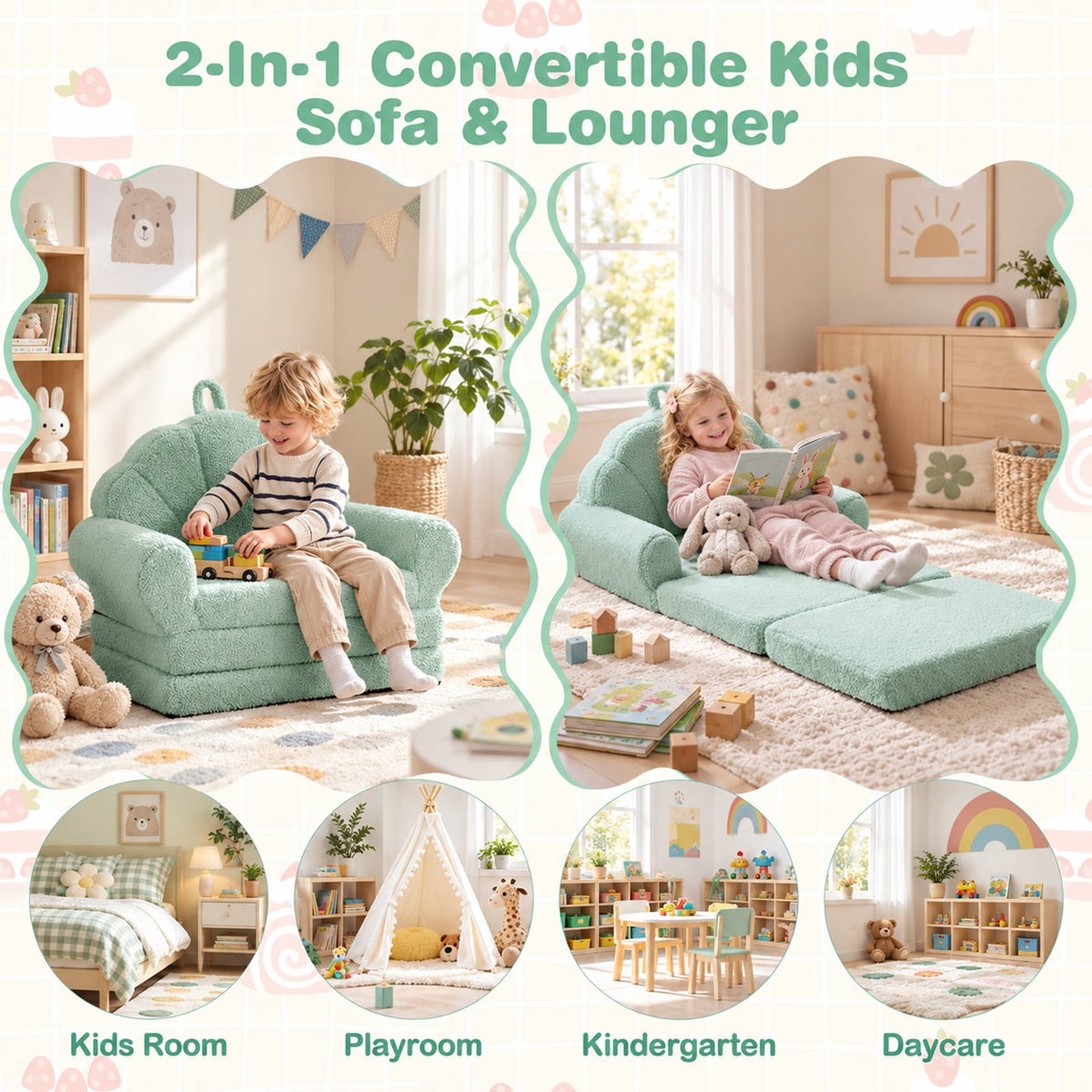 Airfind Convertible Kids Sofa 2, in, 1 Fold out Toddler Couch Chair, Green, Can be used as a sofa chair or a flat lounge bed, No assembly needed