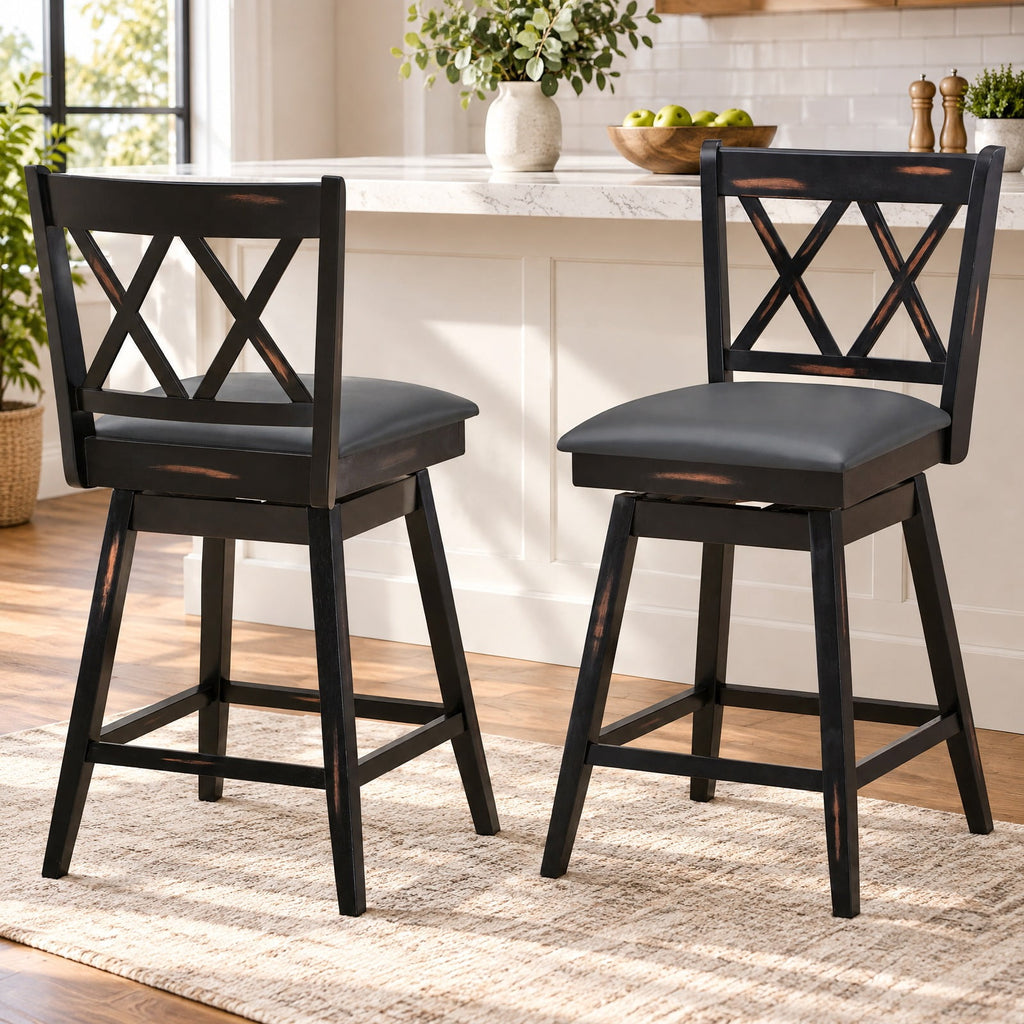 Airfind 2 Pieces 24 Inch Swivel Counter Height Barstool Set with Rubber Wood Legs, 264 lbs Capacity, PVC High density sponge rubber wood Frame
