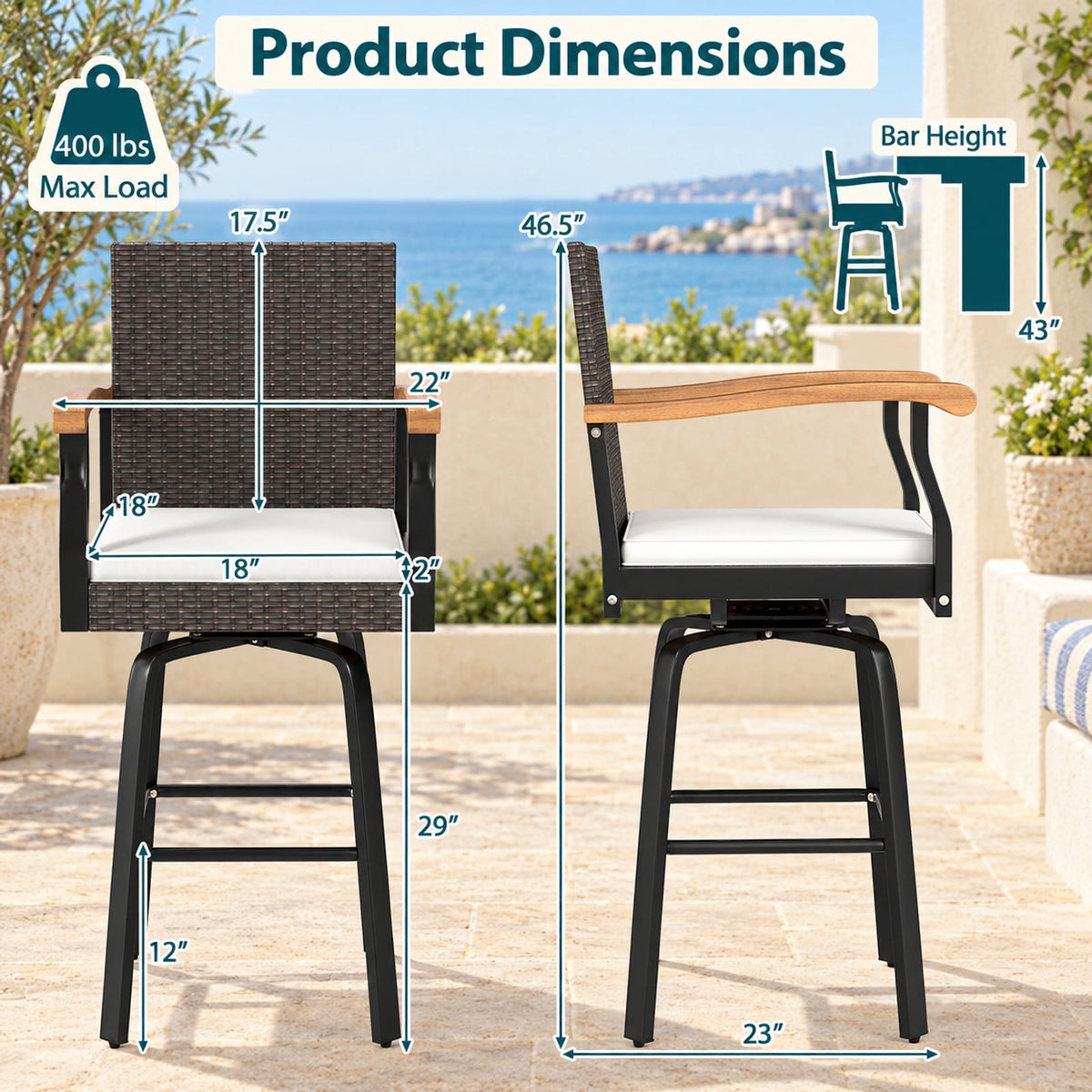Airfind Set of 4 Outdoor 360° Swivel Bar Stool with Cushion and Acacia Wood Armrests, 400 lbs Capacity, Wood