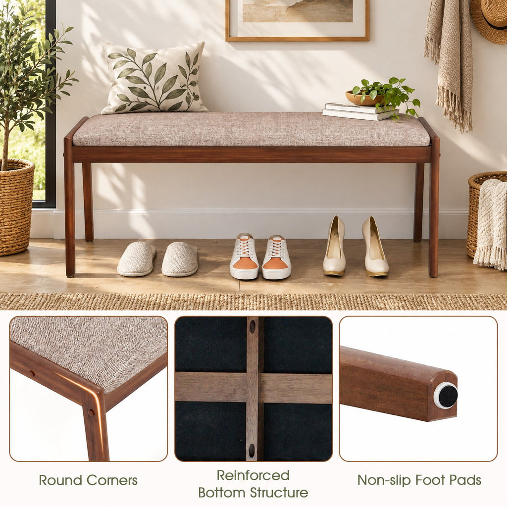 Airfind 45 Inch Farmhouse Backless Bench with Rubber Wood Legs and Fabric Padded Seat, 400 lbs Capacity, 45 x 17 x 19 Footprint, Beige