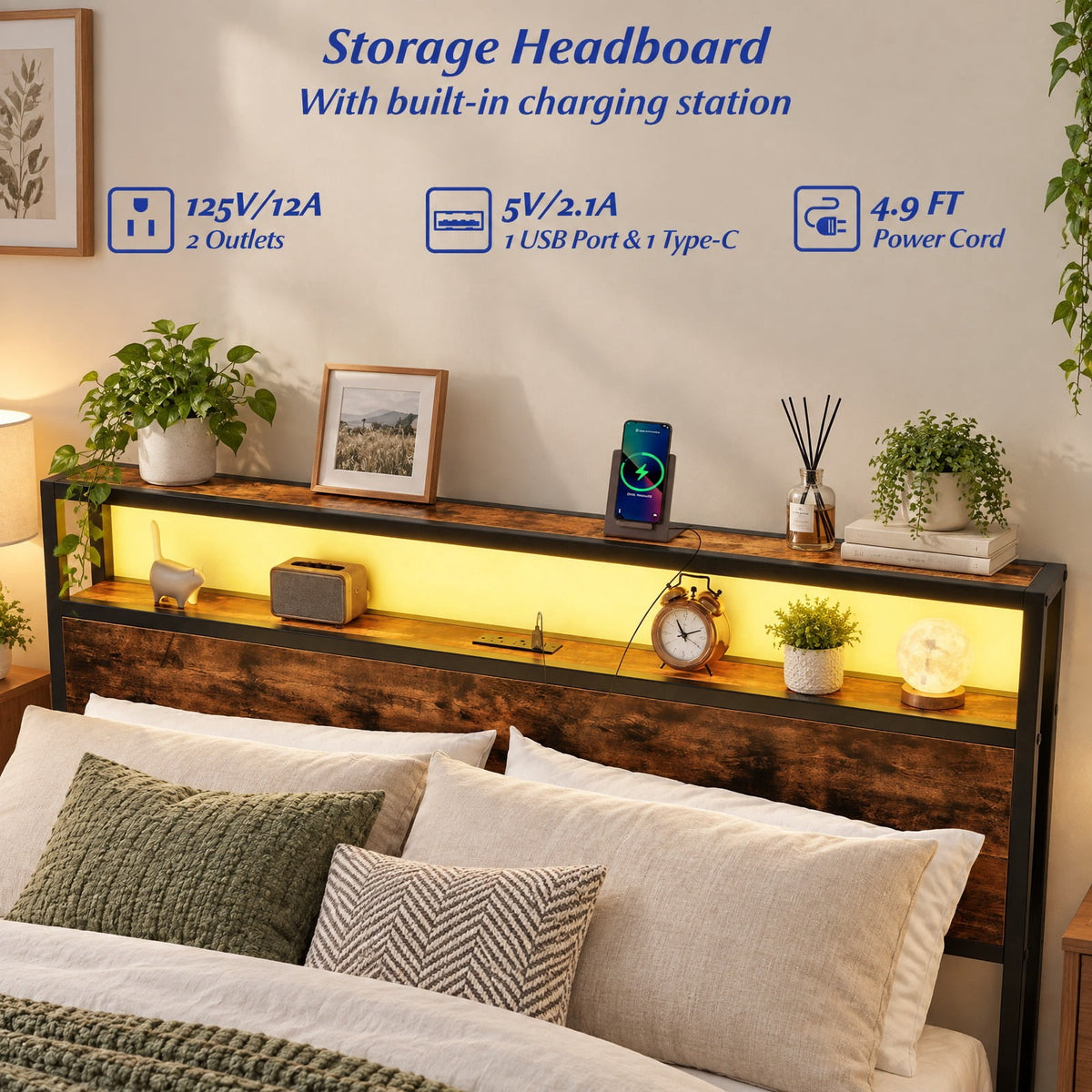 Airfind Full/Queen Size LED Bed Frame with Charging Station and 4 Storage Drawers, 81 Inch x 56 Inch x 40 Inch Inner Footprint