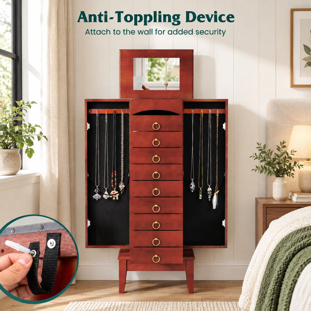 Airfind Large Capacity Jewelry Storage Cabinet with 9 Drawers, MDF Glass Frame, 16in x 10.5in x 40in Footprint, Walnut