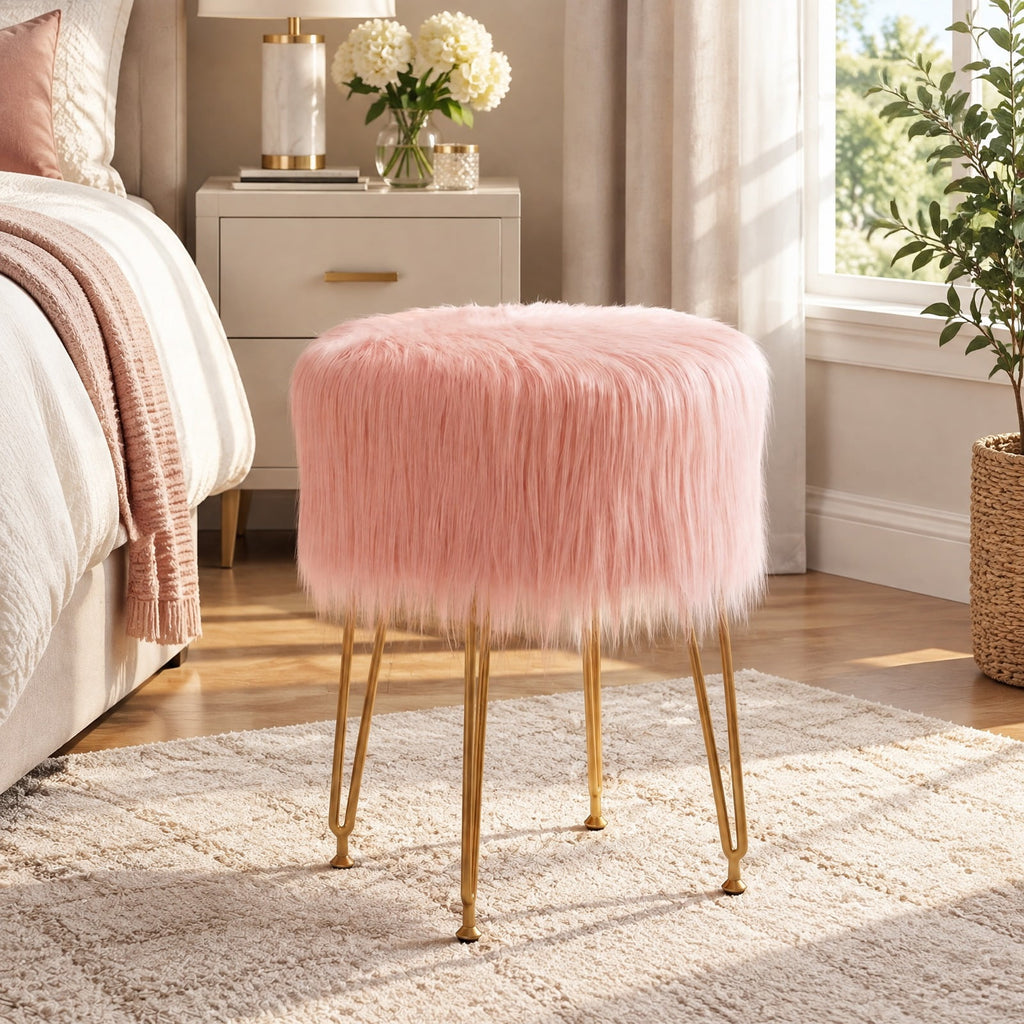 Airfind Faux Fur Vanity Stool Chair with Metal Legs for Bedroom and Living Room, 330 lbs Capacity, Faux Fur Sponge Metal MDF Plywood Frame, Pink