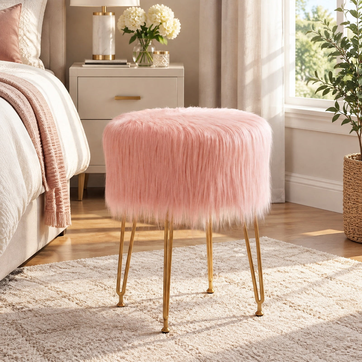Airfind Faux Fur Vanity Stool Chair with Metal Legs for Bedroom and Living Room, 330 lbs Capacity, Faux Fur Sponge Metal MDF Plywood Frame, Pink
