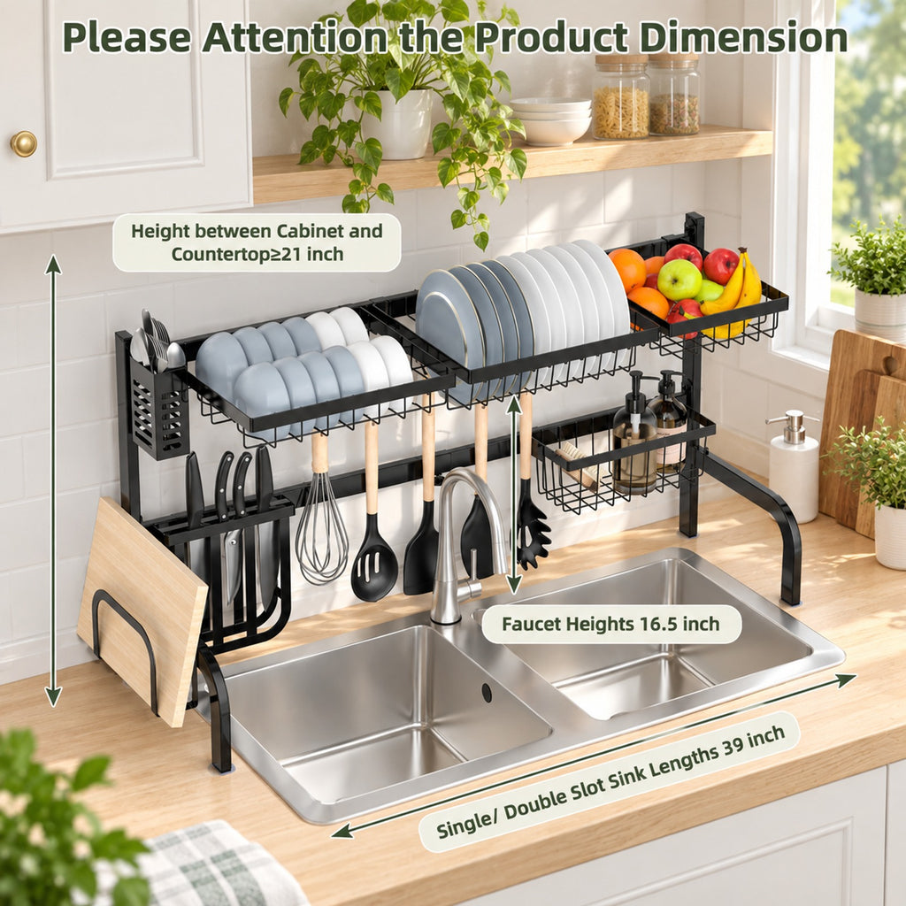 Airfind 2 Tier Adjustable Over Sink Dish Drying Rack with 8 Hooks, Steel Frame, Black, Overall dimension 21-39 x 12 x 21(L x