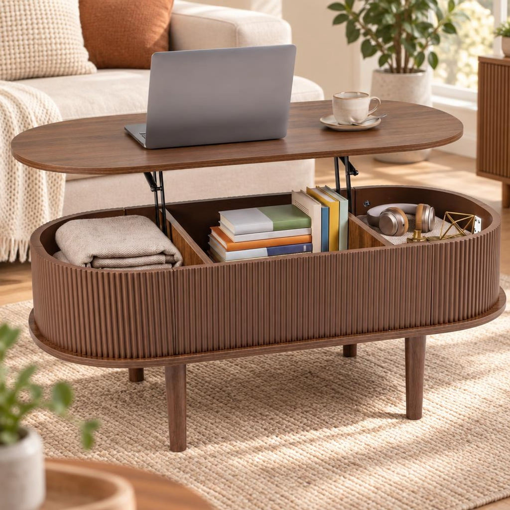 Airfind 43.5 Inch Oval Lift Top Coffee Table with Storage and Fluted Design for Living Room, 200 lbs Capacity, Engineered Wood Solid Wood Frame, Walnut