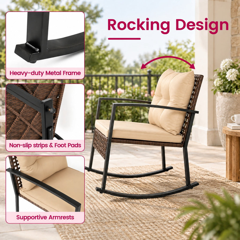 Airfind 3-Piece Outdoor Rocking Chair Set, 100 lbs Capacity, PE Rattan Metal Glass Polyester Non-woven Fabric Sponge Frame, Brown