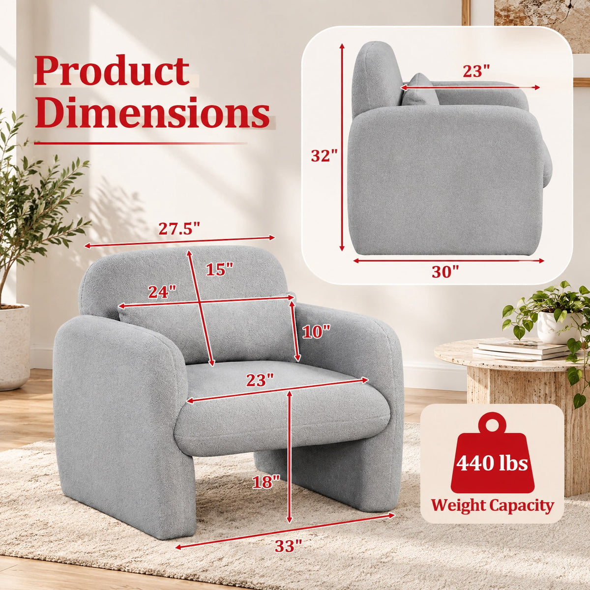 Airfind Modern Accent Chair with Waist Pillow and Armrests for Living Room Bedroom, 440 lbs Capacity, Sherpa Fabric Sponge Wooden Frame, Grey