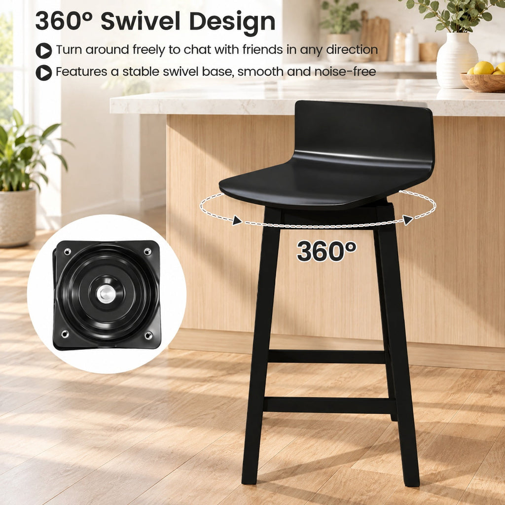 Airfind 24.5 Inch Swivel Wooden Bar Stools Set of 2 with Rubber Wood Legs and Low Back, 350 lbs Capacity, Rubber Wood Plywood Frame, Black