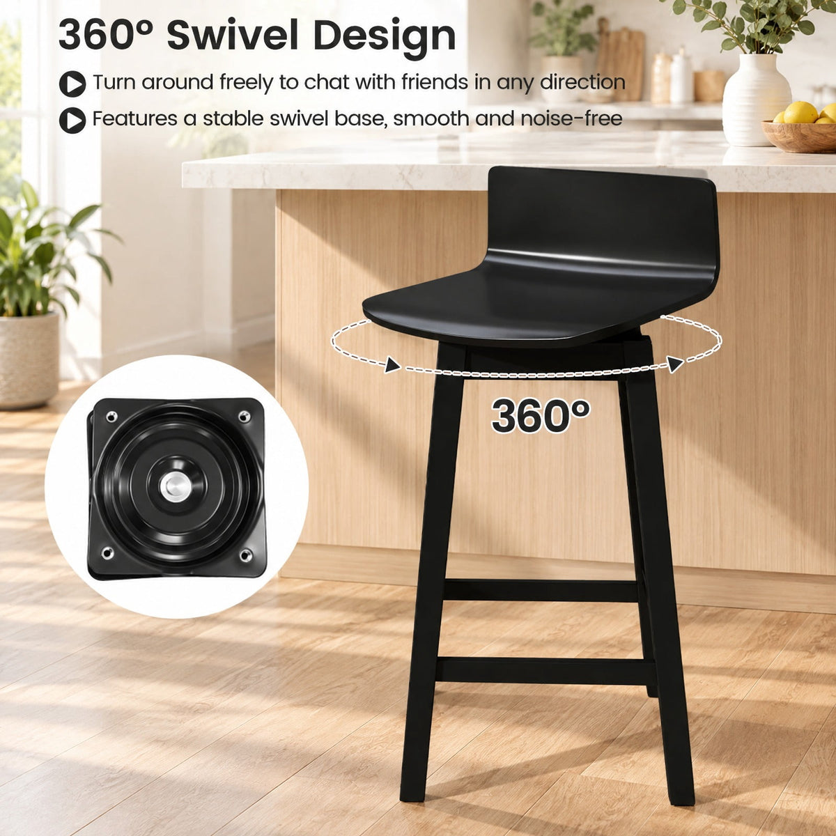 Airfind 24.5 Inch Swivel Wooden Bar Stools Set of 2 with Rubber Wood Legs and Low Back, 350 lbs Capacity, Rubber Wood Plywood Frame, Black