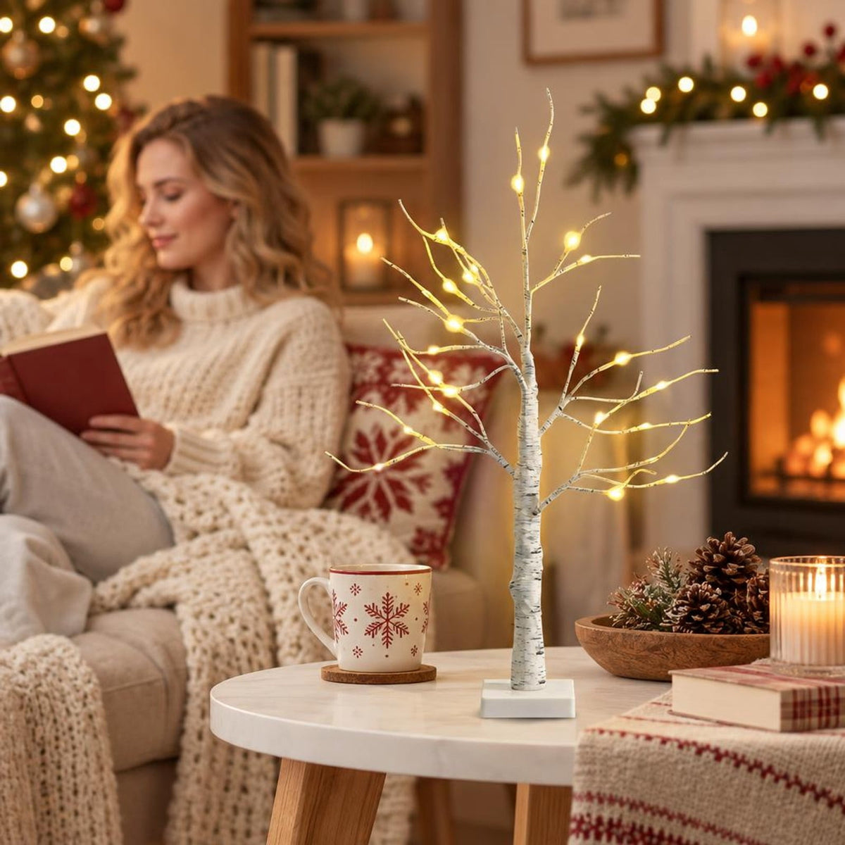 AIRFIND Artificial Birch Tree 2 ft with 24 Warm White LED Lights, Bendable Branches and Battery-Powered Base for Indoor Holiday Decor, White