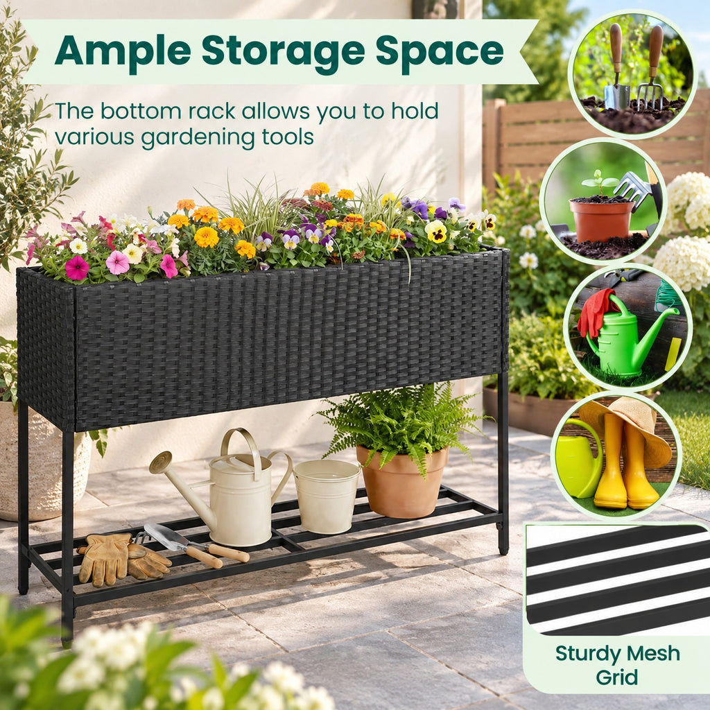 Airfind Raised Wicker Garden Bed with Storage Shelf and Removable Liner, 132 lbs Shelf Capacity, Metal Frame, 40 x 12 x 28 Planter Footprint