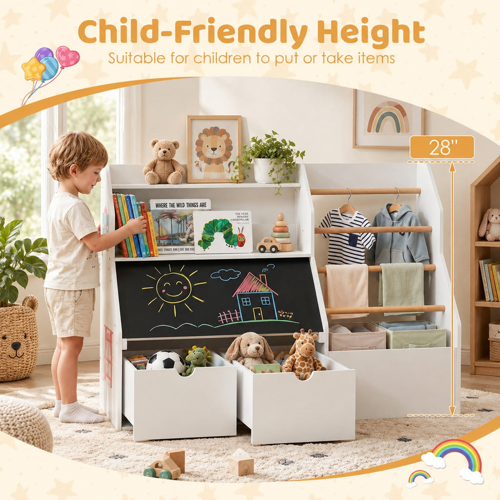 Airfind Kids Toy Storage Organizer with Flip-up Blackboard, Engineered Wood Pine Wood Frame, for 3+ Years Old, 41 Inch x 16 Inch x 28 Inch Footprint, White