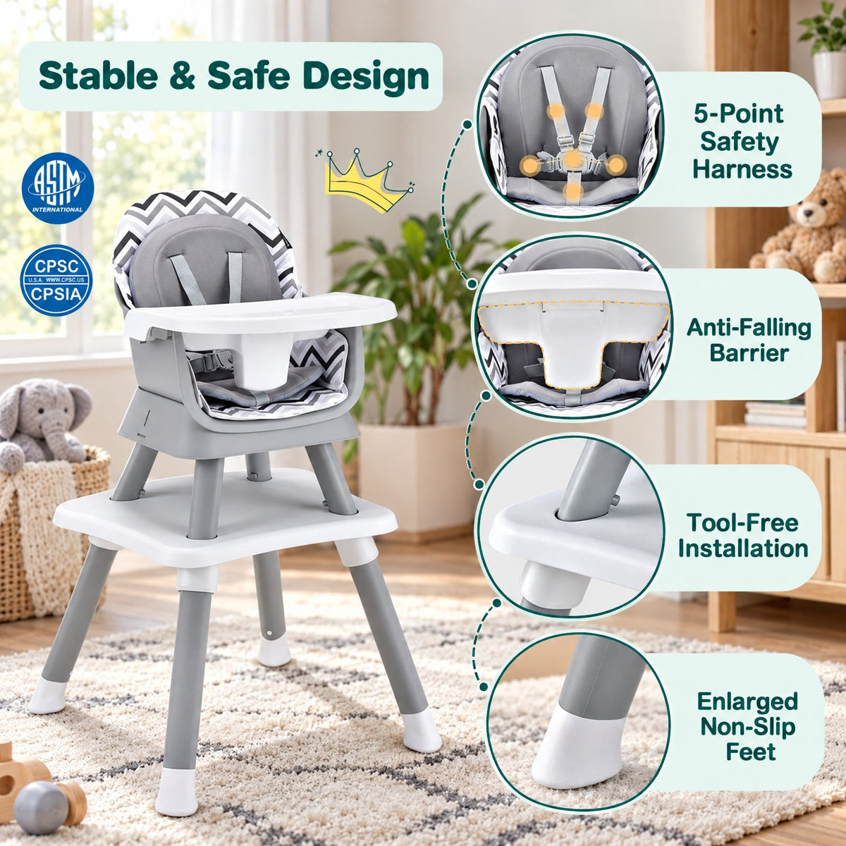 Airfind 6-in-1 Convertible Youth High Chair featuring Adjustable Removable Tray with Detailed Instruction and Tool-free Installation, Gray