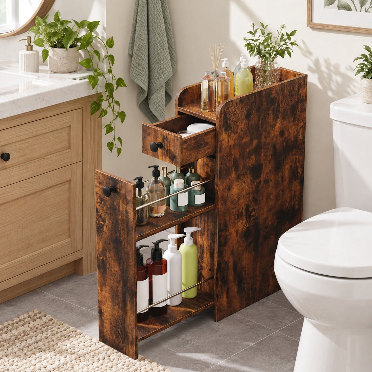 Airfind Bathroom Storage Cabinet, Small, 4-Tier with Slide Out Drawers on Casters, 66 lbs Capacity, MDF Frame, 16 Inch x 7 Inch x 27.5 Inch Drawer, Brown