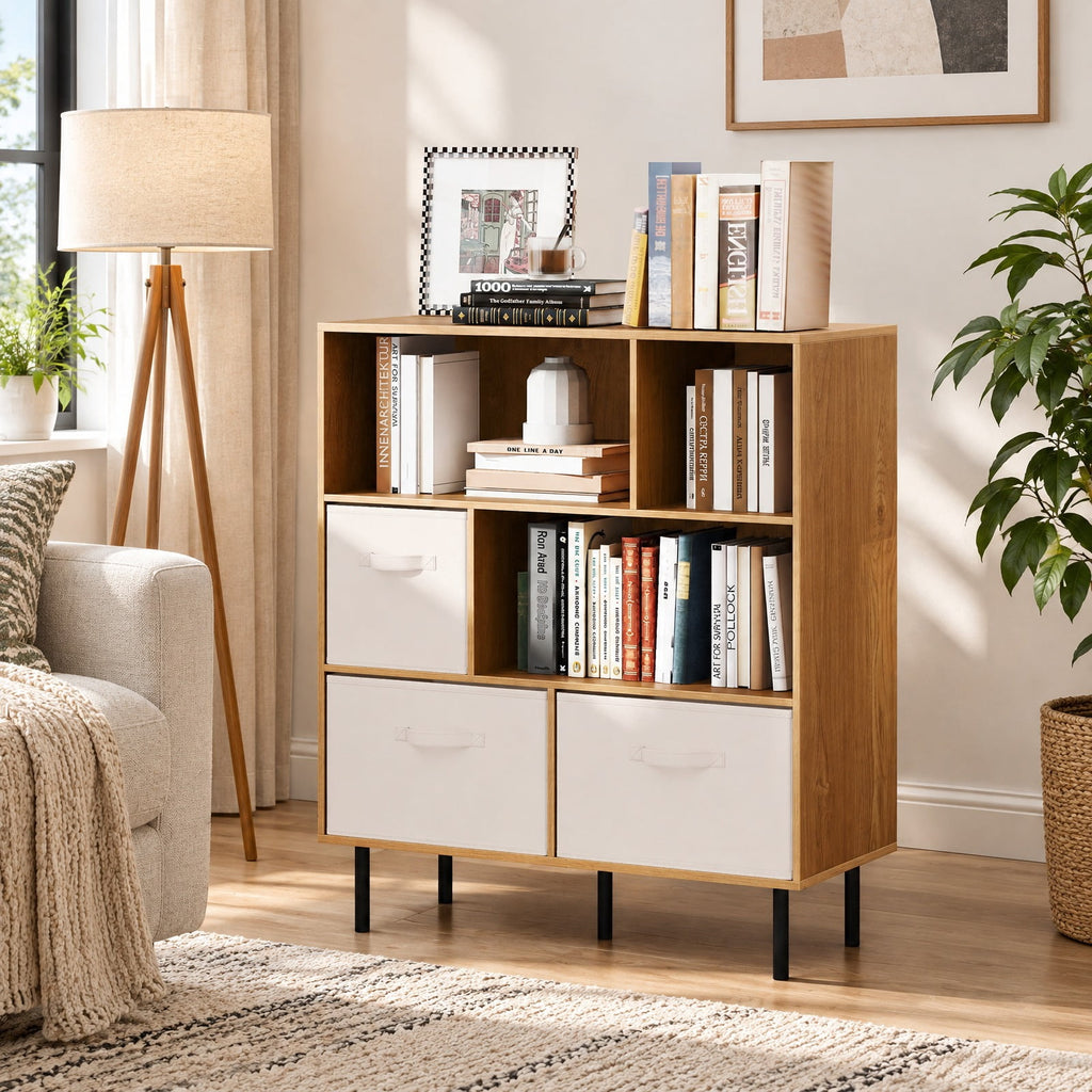 Airfind 6-Cube Bookshelf with 3 Removable Folding Fabric Drawers for Living Room, 330 lbs Capacity, Metal Engineered Wood Frame, Natural