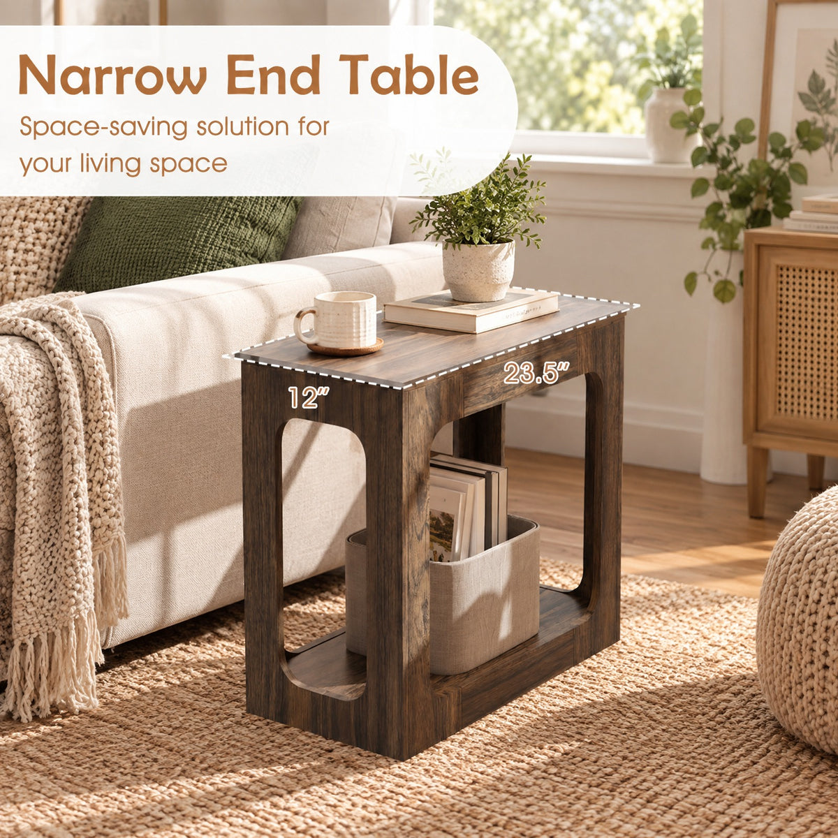 Airfind 2-Tier End Table with Storage Shelf for Living Room, 135 lbs Capacity, Engineered Wood Frame, 23.5 x 12 x 22 Footprint, Walnut