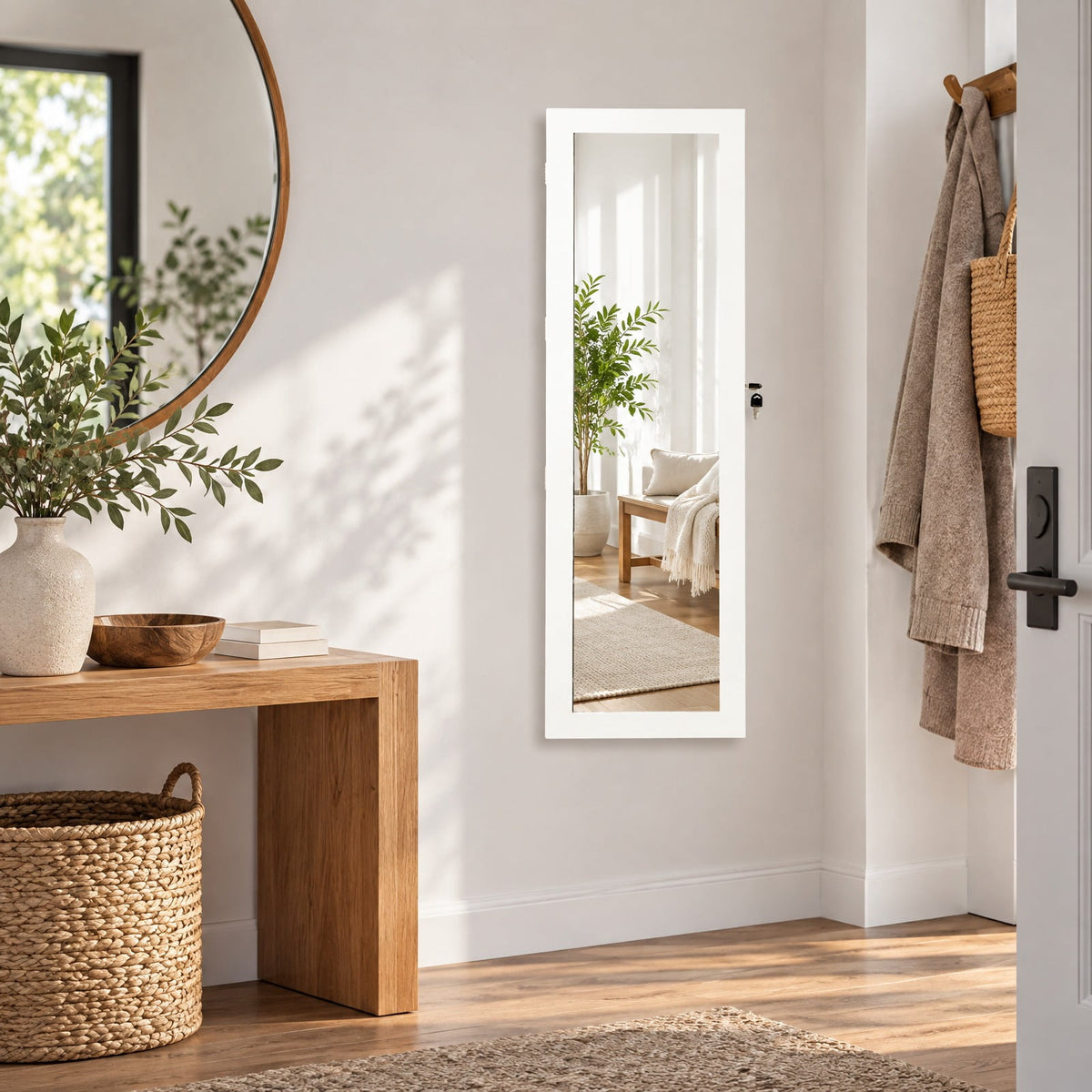 Airfind Wall Mounted Lockable Mirror Jewelry Cabinet with LED Light, Real glass quality MDF soft velvet Frame, 14.5in x 3.5in x 56.5in Footprint, White