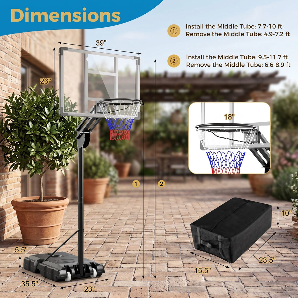 Airfind Portable Basketball Hoop System, 4.9-10 FT Height Adjustable Basketball Goal with Shatterproof Backboard, Fillable Base Weight Bag, 2 Wheels for Kids, Black