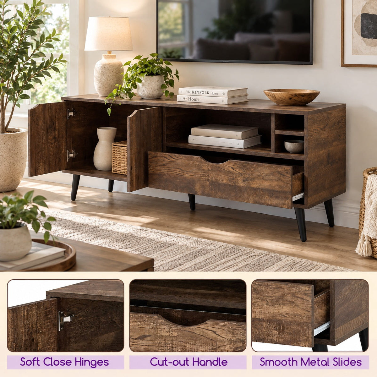 Airfind TV Stand for TVs up to 65 Inches Rustic Entertainment Center, 285 lbs Capacity, Engineered Wood MDF Plastic Frame, Brown
