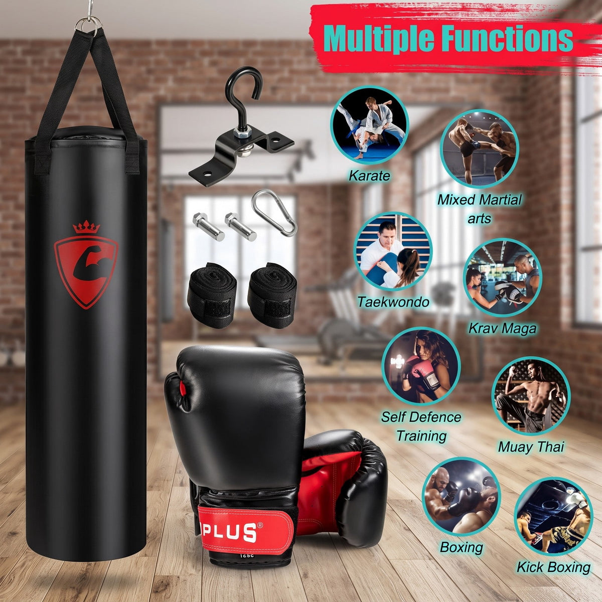 Airfind 63 lbs Filled Punching Bag Set with Boxing Gloves and Hand Wraps, Heavy Duty PVC Leather Freestanding Hanging Boxing Bag for Karate Muay Thai MMA, Black