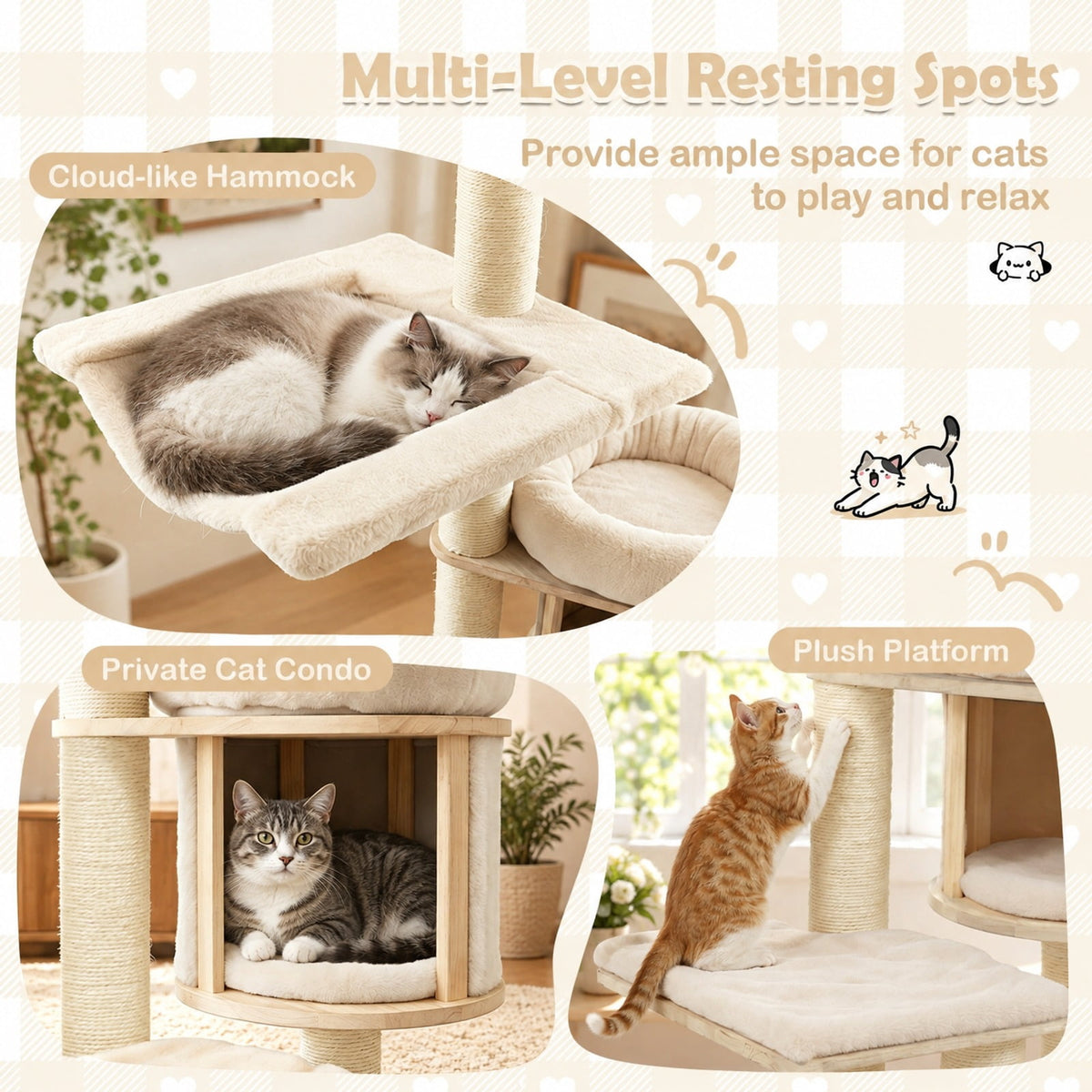Airfind 55in Solid Rubber Wood Cat Tree with Condo and Hammock and Scratching Posts for Adult Cats, Beige
