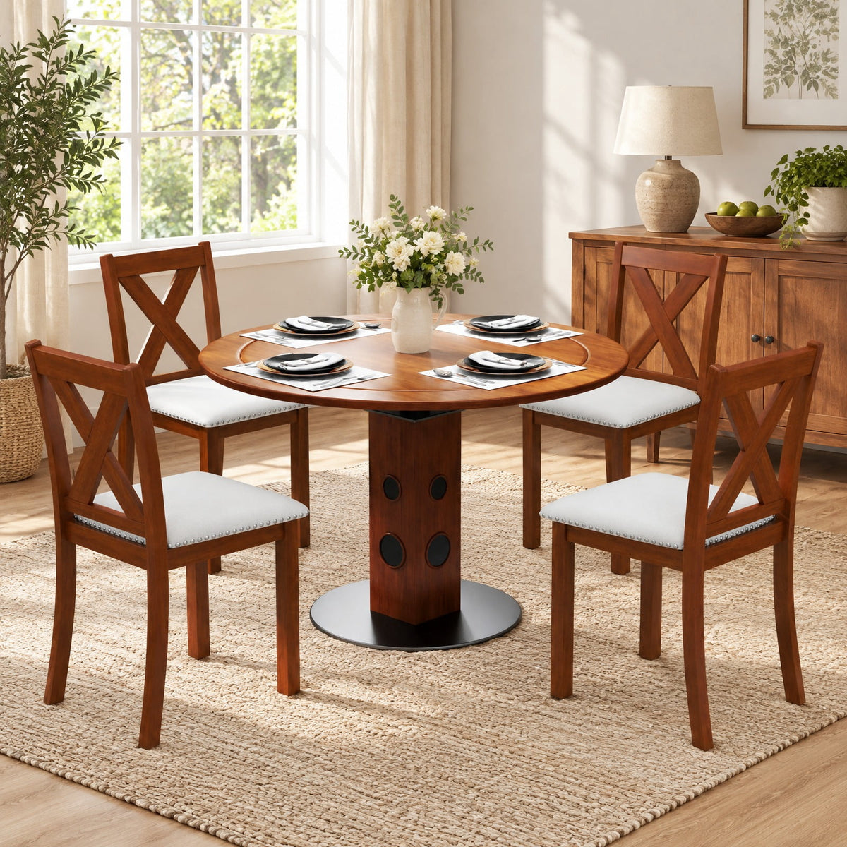Airfind Wooden Dining Chair Set of 2 with Padded Seat and Curved Back, 420 lbs Capacity, Acacia Wood Plywood Linen Fabric Sponge Frame, Beige